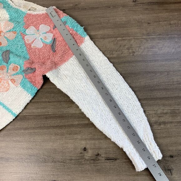 VTG Needles & Yarn Size Large Knit Floral Sweater Women Embellished Ivory Padded - Picture 7 of 10